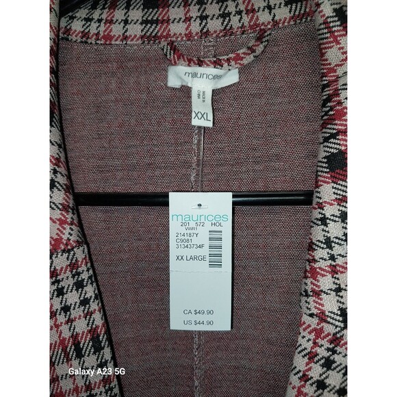 Maurices Women's Buttonless Blazer Jacket XXL NWT Plaid 3/4 Sleeves Beige Red - Picture 4 of 8